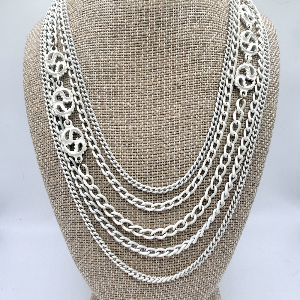 Vintage Monet Multi Strand Layered White Enamel Chains Necklace 17"